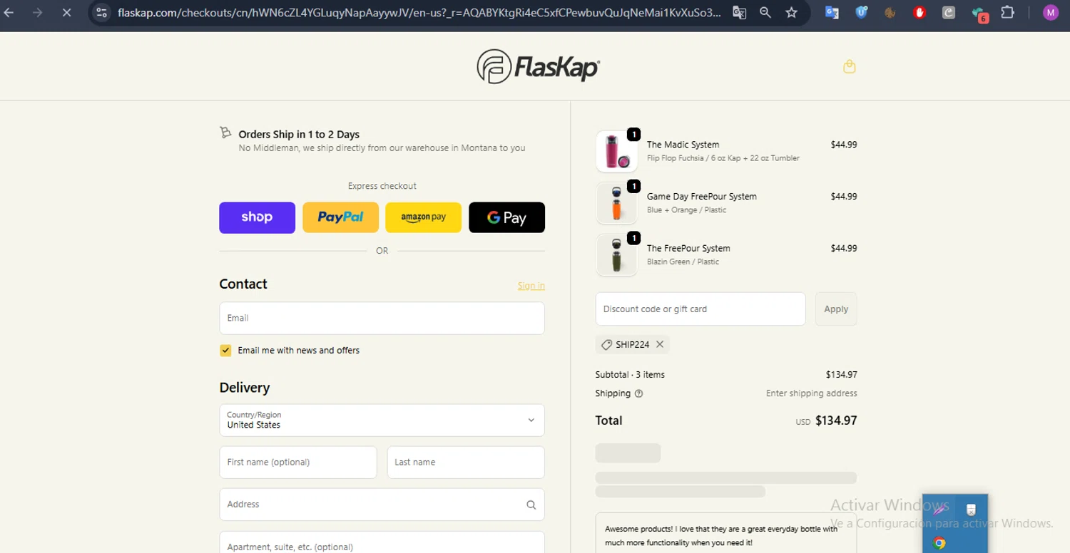 FlasKap discount code screenshot showing code ship224 applied at FlasKap checkout page. Uploaded by SimplyCodes community member SmartFalcon9323 on Dec 20, 2025