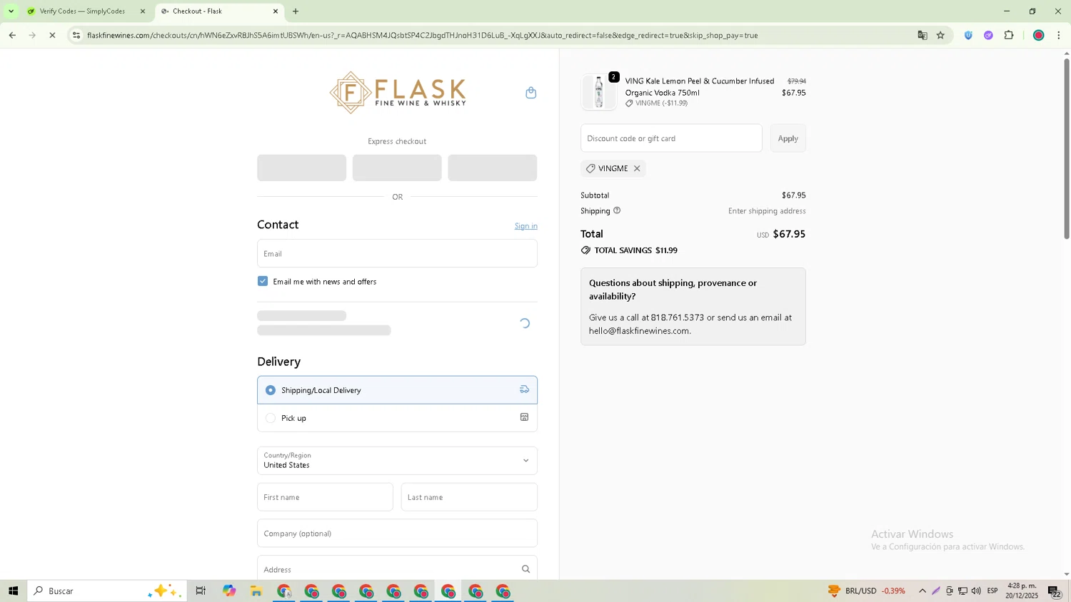 Flask Fine Wines promo code screenshot showing code VINGME applied at Flask Fine Wines checkout page. Uploaded by SimplyCodes community member Robert_Williams on Dec 20, 2025