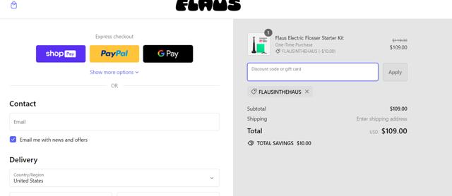 Flaus checkout page showing Flaus discount code box | Screenshot taken by SimplyCodes community member on Mar 20, 2024