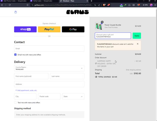 Flaus checkout page showing Flaus discount code box | Screenshot taken by SimplyCodes community member on Dec 22, 2023