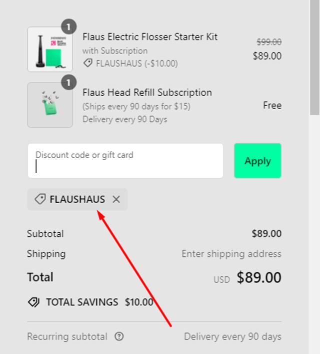 Flaus checkout page showing Flaus discount code box | Screenshot taken by SimplyCodes community member on Mar 6, 2024