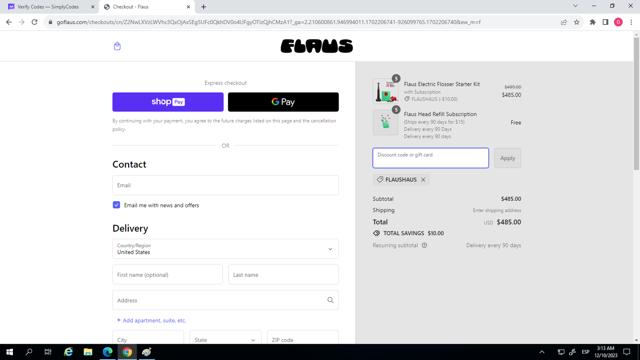 Flaus checkout page showing Flaus discount code box | Screenshot taken by SimplyCodes community member on Dec 10, 2023
