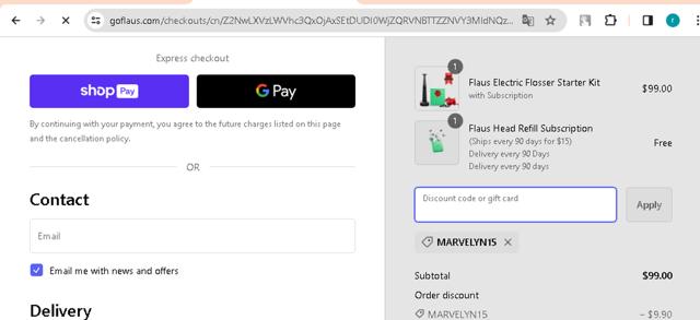Flaus checkout page showing Flaus discount code box | Screenshot taken by SimplyCodes community member on Jan 5, 2024