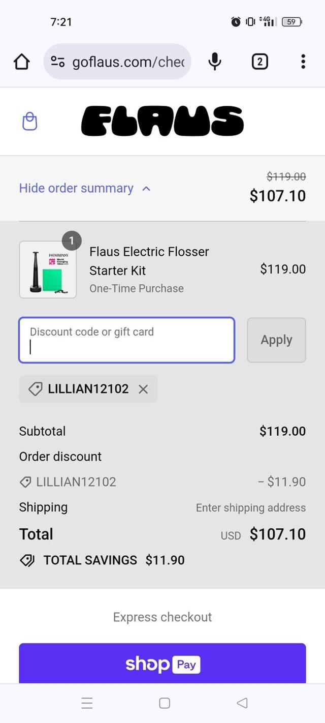 Flaus checkout page showing Flaus discount code box | Screenshot taken by SimplyCodes community member on Jan 30, 2024