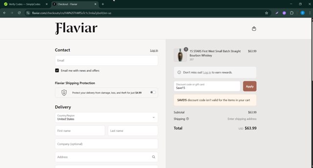 Flaviar checkout page showing Flaviar discount code box | Screenshot taken by SimplyCodes community member on Sep 9, 2025