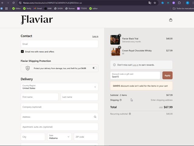 Flaviar checkout page showing Flaviar discount code box | Screenshot taken by SimplyCodes community member on Sep 9, 2025