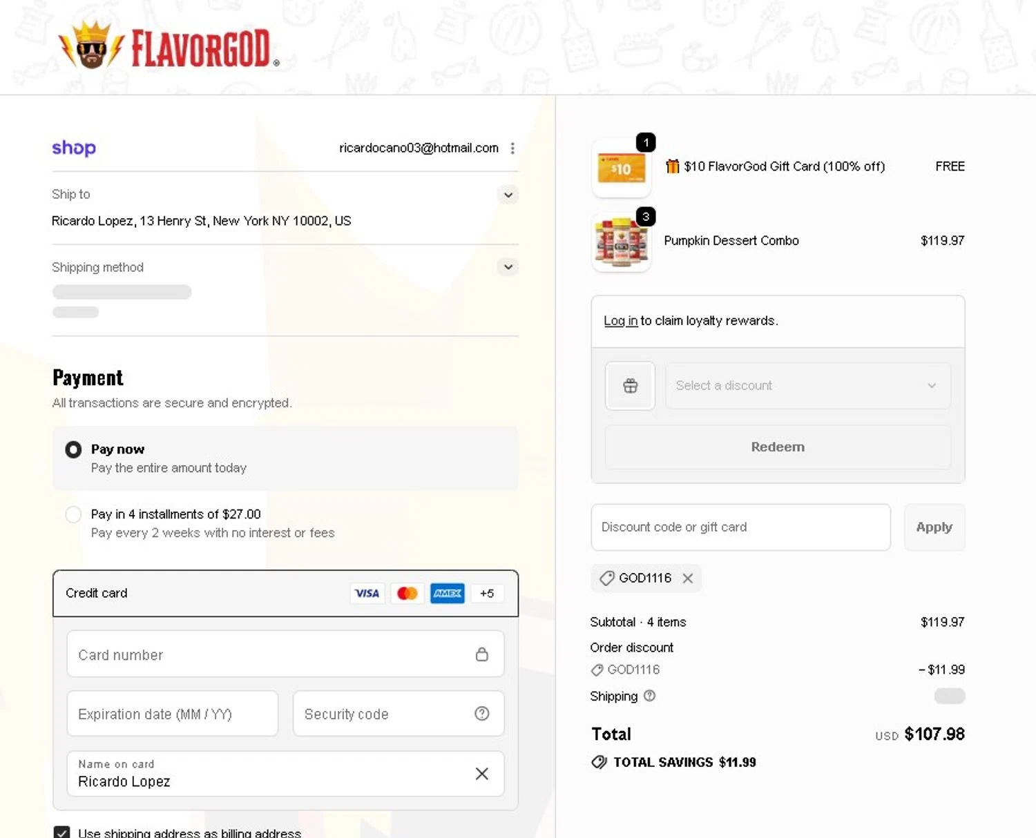 Flavor God promo code screenshot showing code god1116 applied at Flavor God checkout page. Uploaded by SimplyCodes community member LAMINEJAMAL on Jan 31, 2026