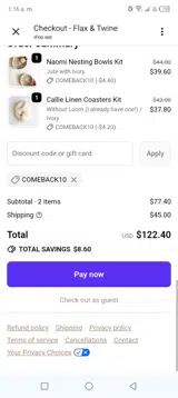 Flax & Twine coupon verification screenshot