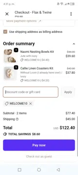 Flax & Twine coupon verification screenshot