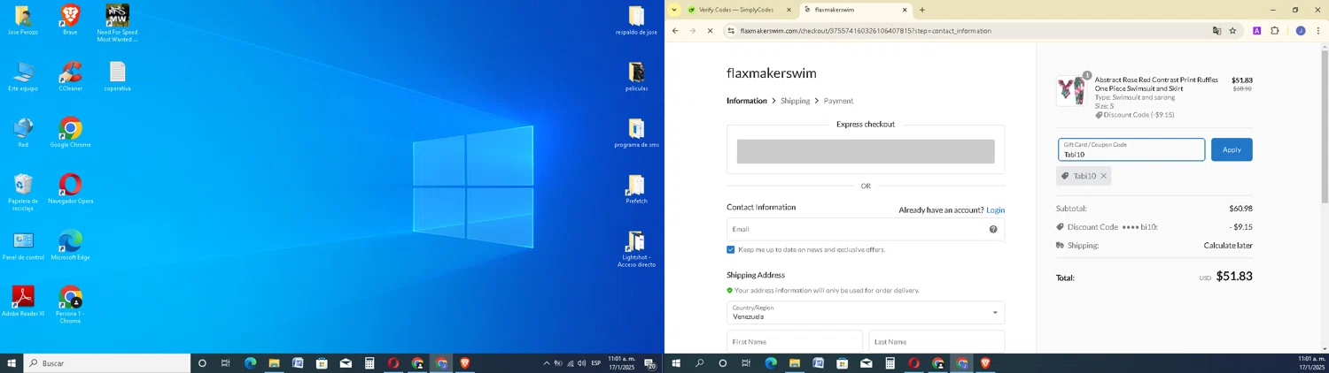 Flaxmaker coupon code screenshot showing code Tabi10 applied at Flaxmaker checkout page. Uploaded by SimplyCodes community member EpicSage3474 on Jan 17, 2025