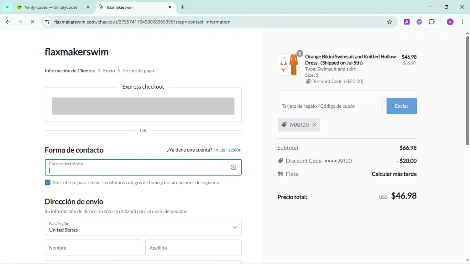 Flaxmaker coupon code screenshot showing code MAR20 applied at Flaxmaker checkout page. Uploaded by SimplyCodes community member FortunatePilot2384 on Jun 18, 2025