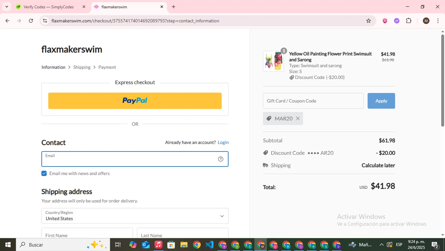 Flaxmaker coupon code screenshot showing code MAR20 applied at Flaxmaker checkout page. Uploaded by SimplyCodes community member WonderWizard9060 on Jun 25, 2025