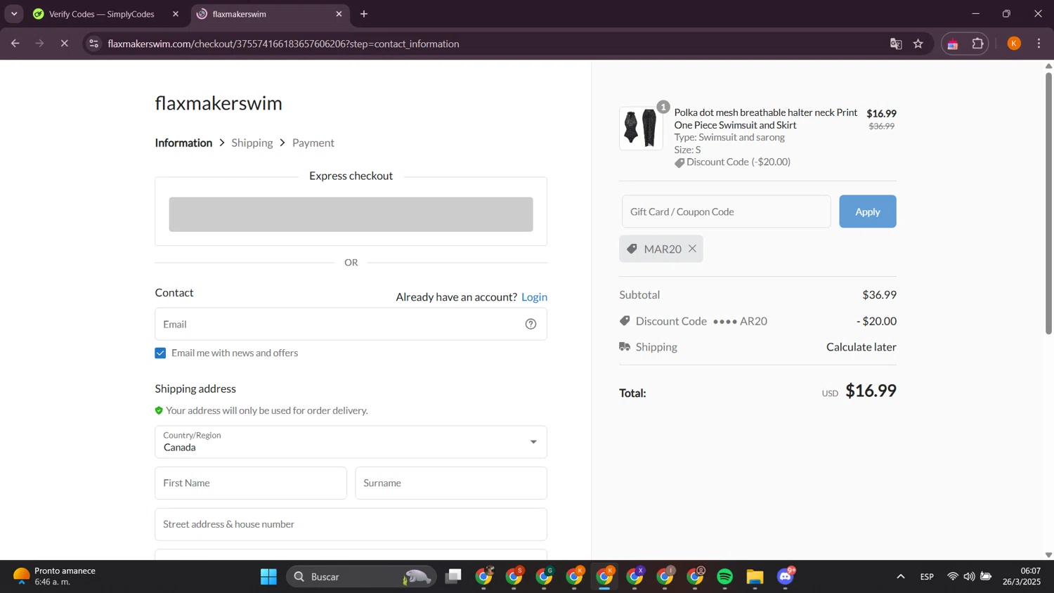 Flaxmaker coupon code screenshot showing code MAR20 applied at Flaxmaker checkout page. Uploaded by SimplyCodes community member davidsalazar on Mar 26, 2025