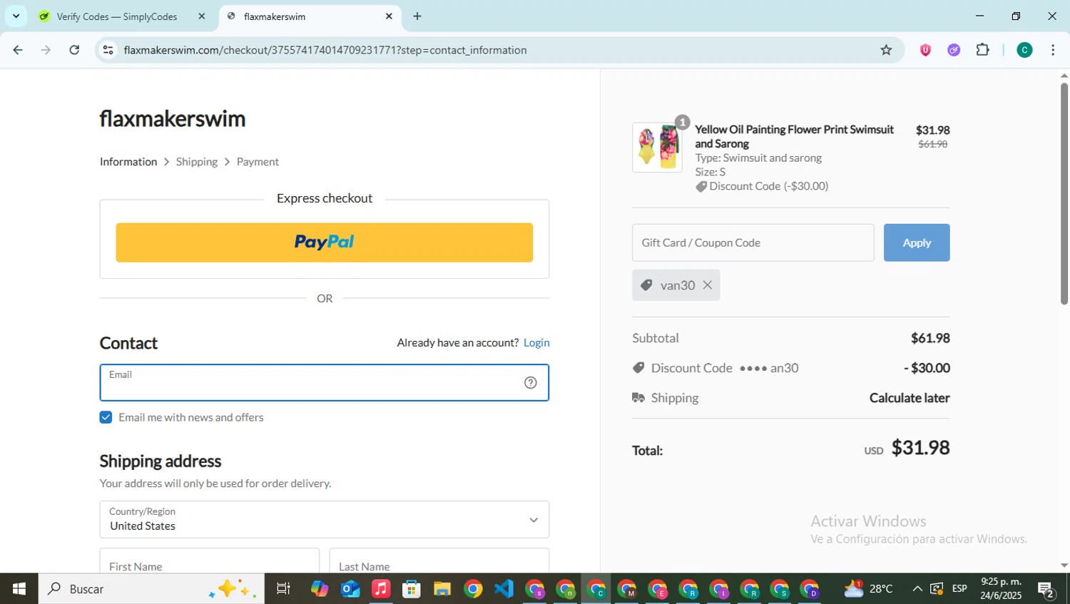 Flaxmaker coupon code screenshot showing code van30 applied at Flaxmaker checkout page. Uploaded by SimplyCodes community member BonusPilot927 on Jun 25, 2025
