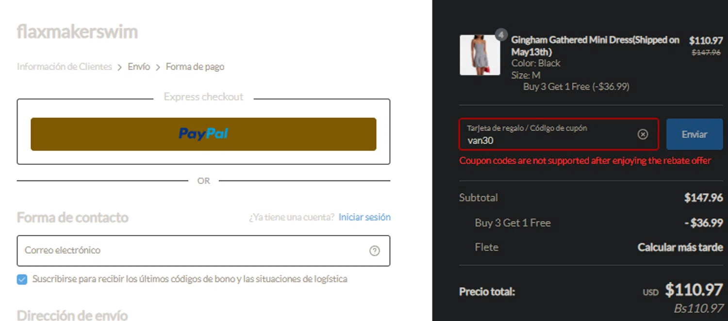 Flaxmaker coupon code screenshot showing code van30 applied at Flaxmaker checkout page. Uploaded by SimplyCodes community member SpiderGwen on Apr 27, 2025