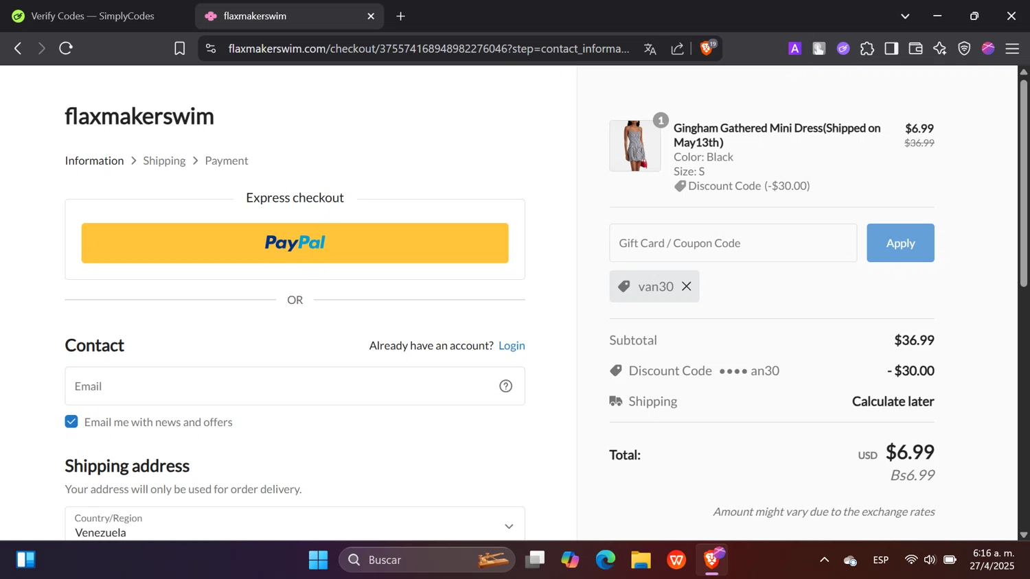 Flaxmaker coupon code screenshot showing code van30 applied at Flaxmaker checkout page. Uploaded by SimplyCodes community member hanzell2 on Apr 27, 2025
