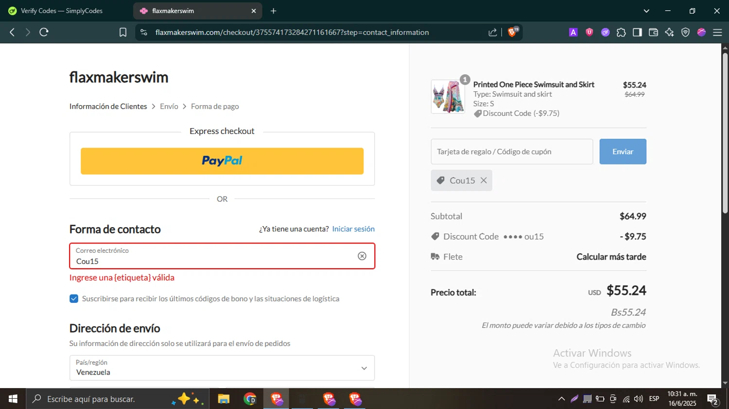 Flaxmaker coupon code screenshot showing code Cou15 applied at Flaxmaker checkout page. Uploaded by SimplyCodes community member SwiftTracker9305 on Jun 16, 2025
