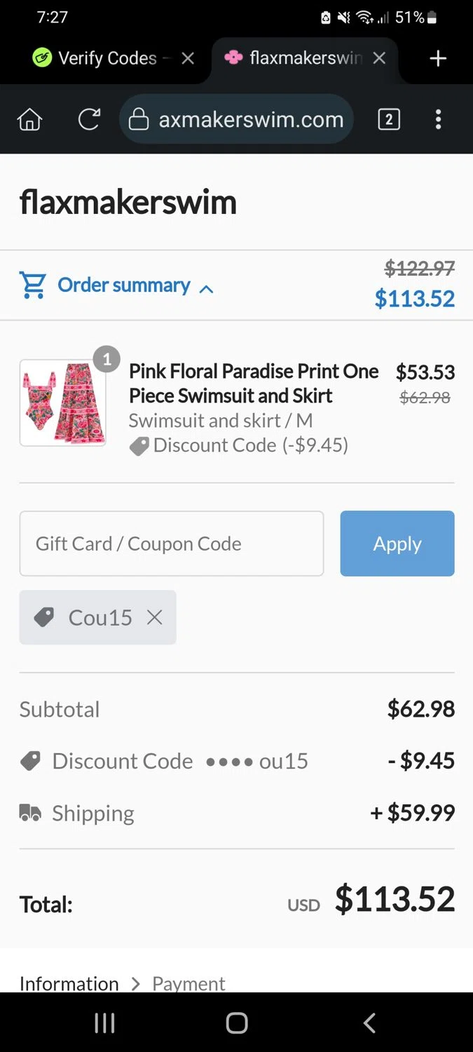 Flaxmaker coupon code screenshot showing code Cou15 applied at Flaxmaker checkout page. Uploaded by SimplyCodes community member VillaloboY on Jul 15, 2025