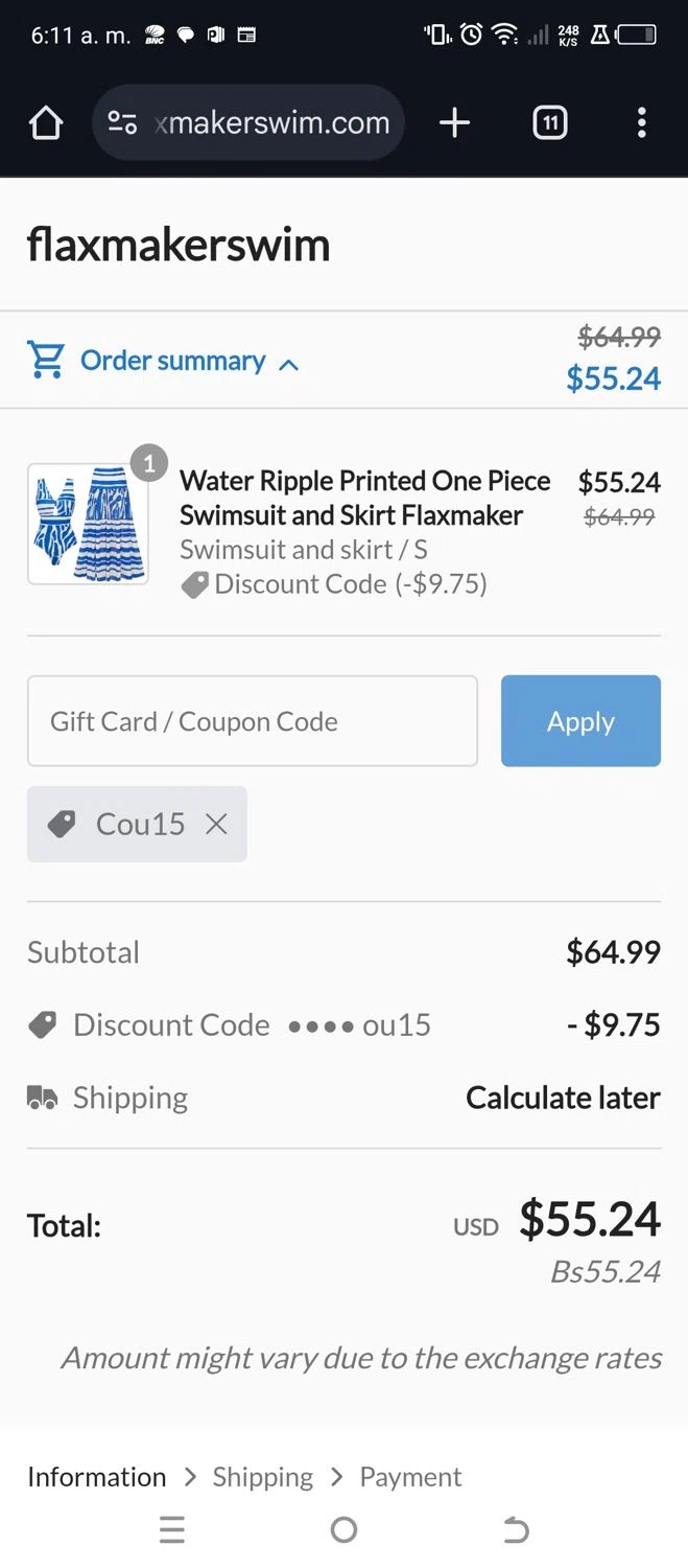 Flaxmaker coupon code screenshot showing code Cou15 applied at Flaxmaker checkout page. Uploaded by SimplyCodes community member salinsanchez on May 18, 2025