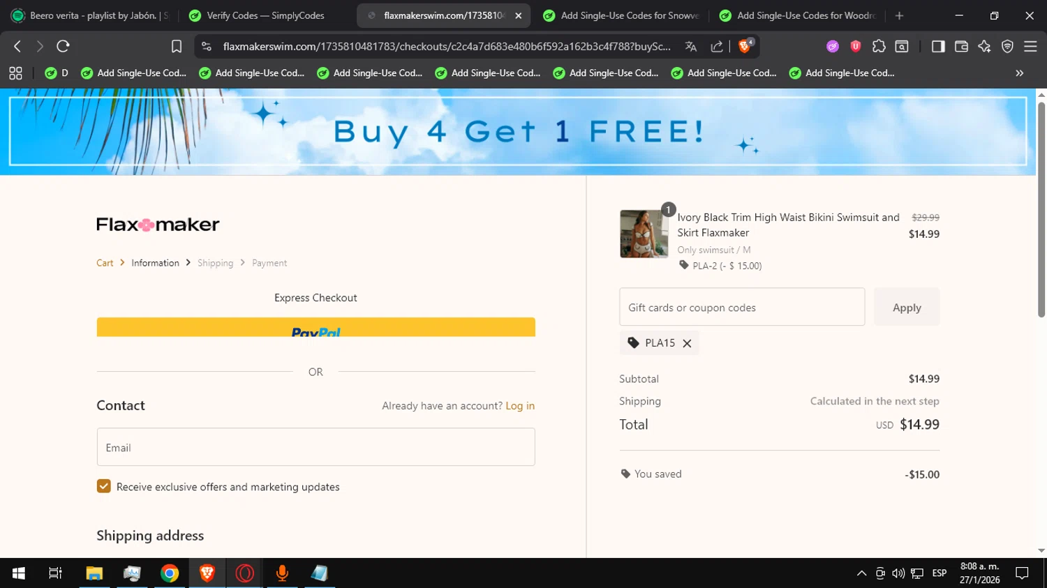 Flaxmaker checkout page showing Flaxmaker coupon code box | Screenshot taken by SimplyCodes community member on Jan 27, 2026