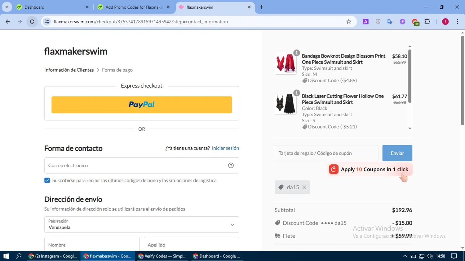 Flaxmaker coupon code screenshot showing code da15 applied at Flaxmaker checkout page. Uploaded by SimplyCodes community member fausguillermo on Aug 20, 2025