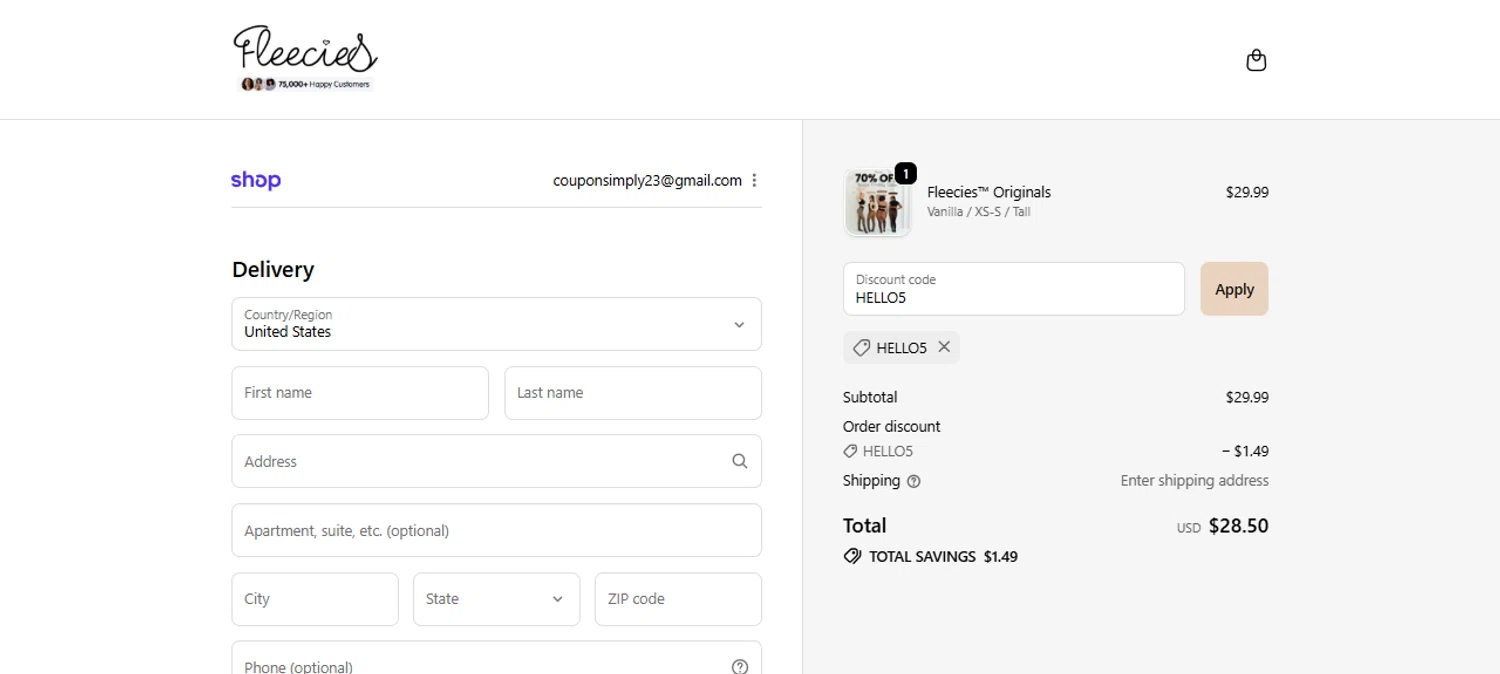 Fleecies discount code screenshot showing code HELLO5 applied at Fleecies checkout page. Uploaded by SimplyCodes community member IsabellaMillan on Nov 20, 2025