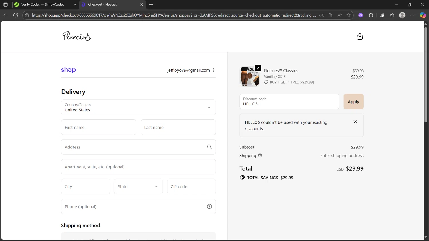 Fleecies discount code screenshot showing code HELLO5 applied at Fleecies checkout page. Uploaded by SimplyCodes community member dragonjeffer_93a9 on Oct 11, 2025