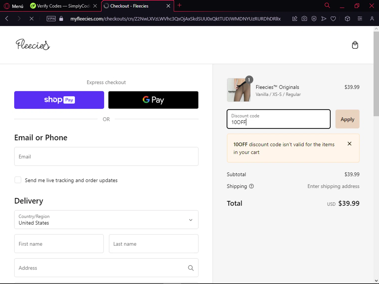 Fleecies discount code screenshot showing code 10OFF applied at Fleecies checkout page. Uploaded by SimplyCodes community member DEMON9 on Jan 4, 2025