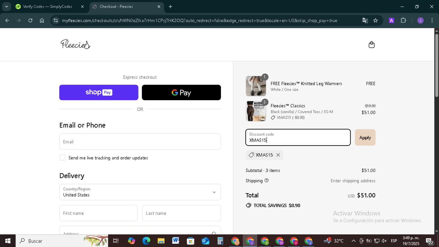 Fleecies discount code screenshot showing code XMAS15 applied at Fleecies checkout page. Uploaded by SimplyCodes community member TAZ2024 on Jul 19, 2025