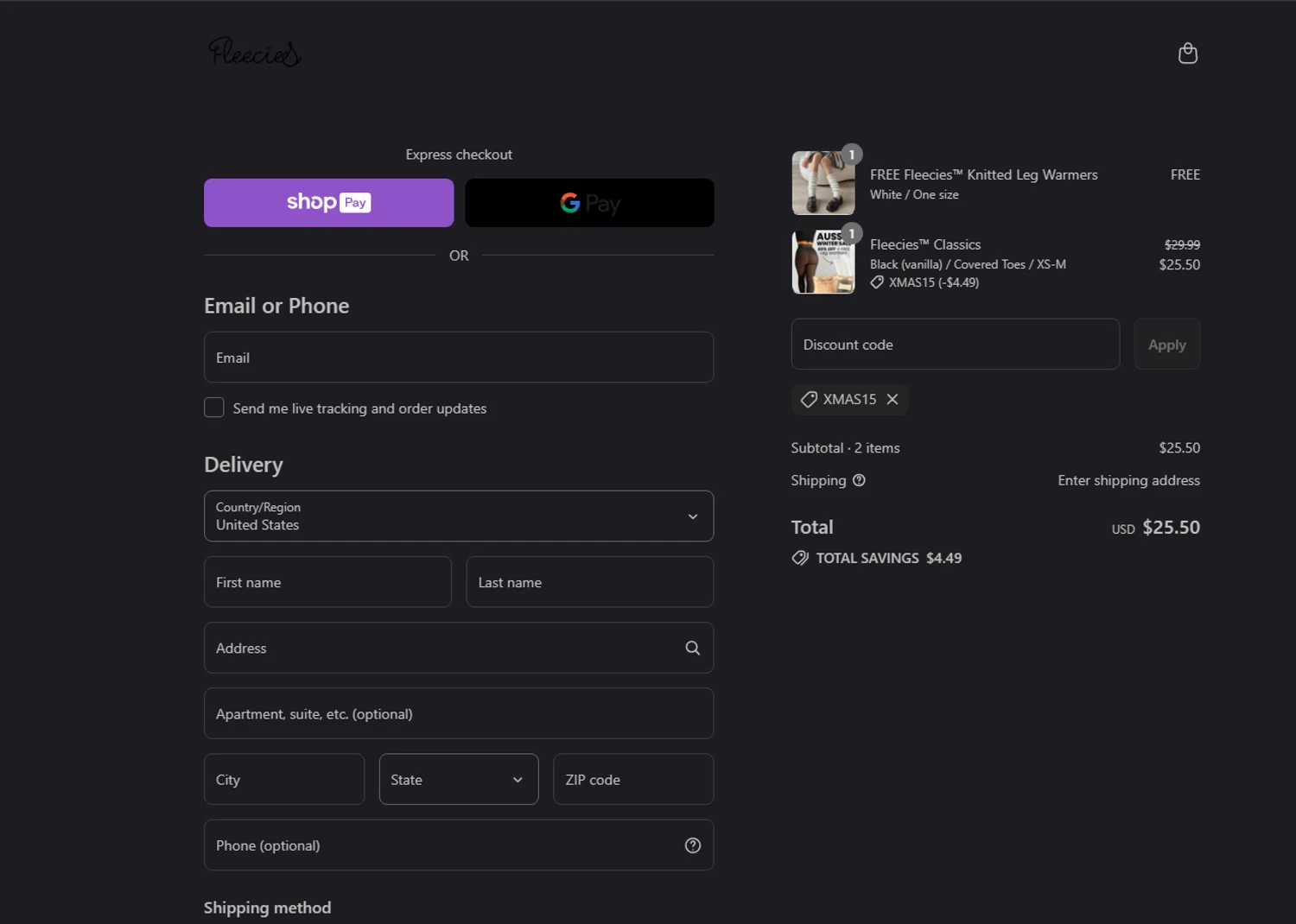 Fleecies discount code screenshot showing code XMAS15 applied at Fleecies checkout page. Uploaded by SimplyCodes community member tony2702 on Jul 28, 2025