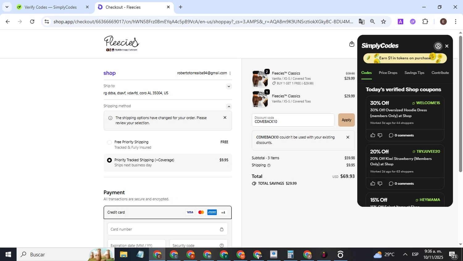 Fleecies discount code screenshot showing code COMEBACK10 applied at Fleecies checkout page. Uploaded by SimplyCodes community member WonderPilot3689 on Nov 10, 2025