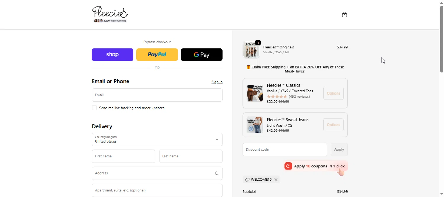 Fleecies discount code screenshot showing code WELCOME10 applied at Fleecies checkout page. Uploaded by SimplyCodes community member armalissolorzano1 on Nov 10, 2025