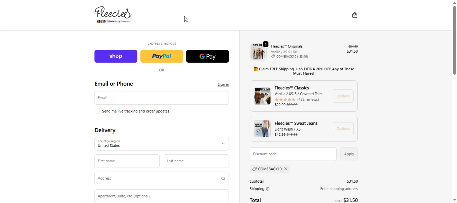 Fleecies discount code screenshot showing code COMEBACK10 applied at Fleecies checkout page. Uploaded by SimplyCodes community member armalissolorzano1 on Nov 10, 2025