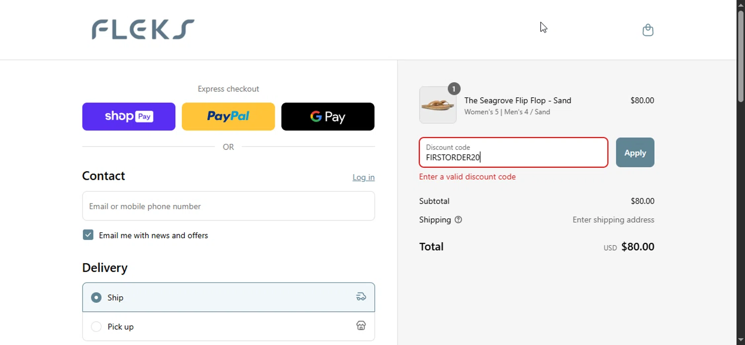 Fleks Footwear promo code screenshot showing code FIRSTORDER20 applied at Fleks Footwear checkout page. Uploaded by SimplyCodes community member Prospecto on Aug 16, 2025