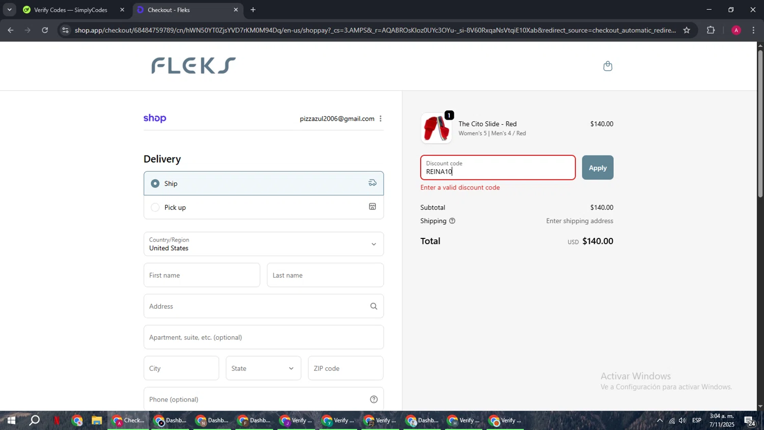 Fleks Footwear promo code screenshot showing code REINA10 applied at Fleks Footwear checkout page. Uploaded by SimplyCodes community member BMWGS1200 on Nov 7, 2025
