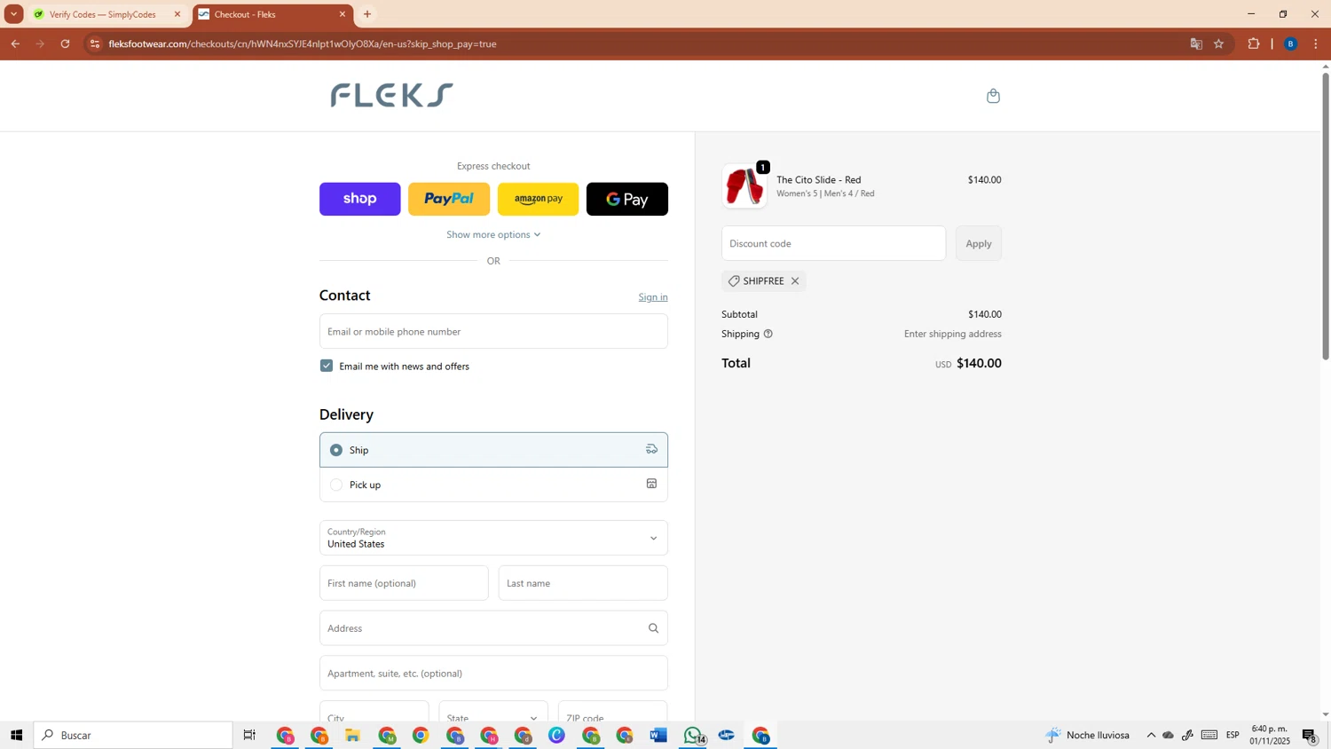 Fleks Footwear promo code screenshot showing code SHIPFREE applied at Fleks Footwear checkout page. Uploaded by SimplyCodes community member DiscountRanger3690 on Nov 1, 2025