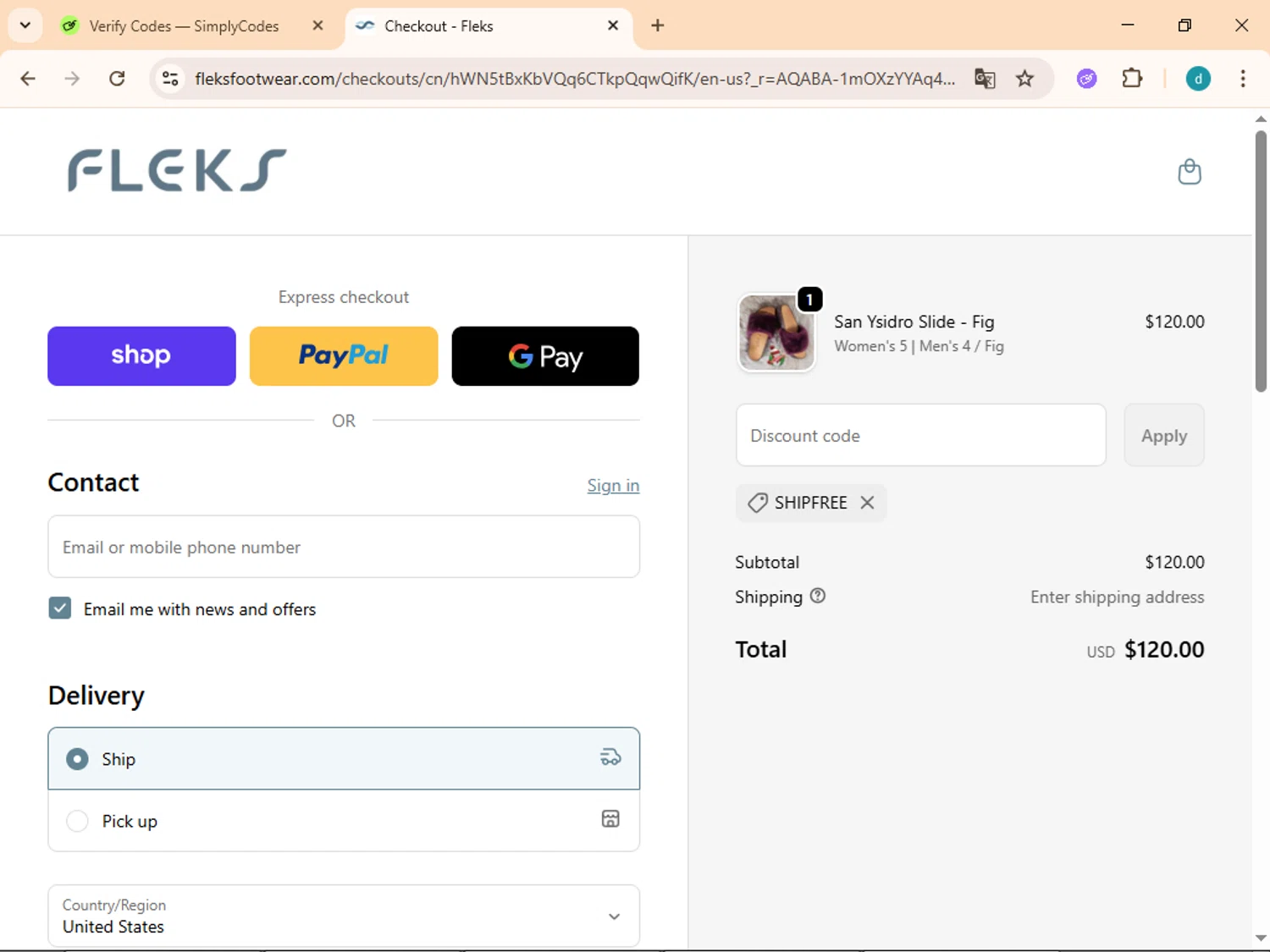Fleks Footwear promo code screenshot showing code SHIPFREE applied at Fleks Footwear checkout page. Uploaded by SimplyCodes community member Simpsince95 on Nov 30, 2025