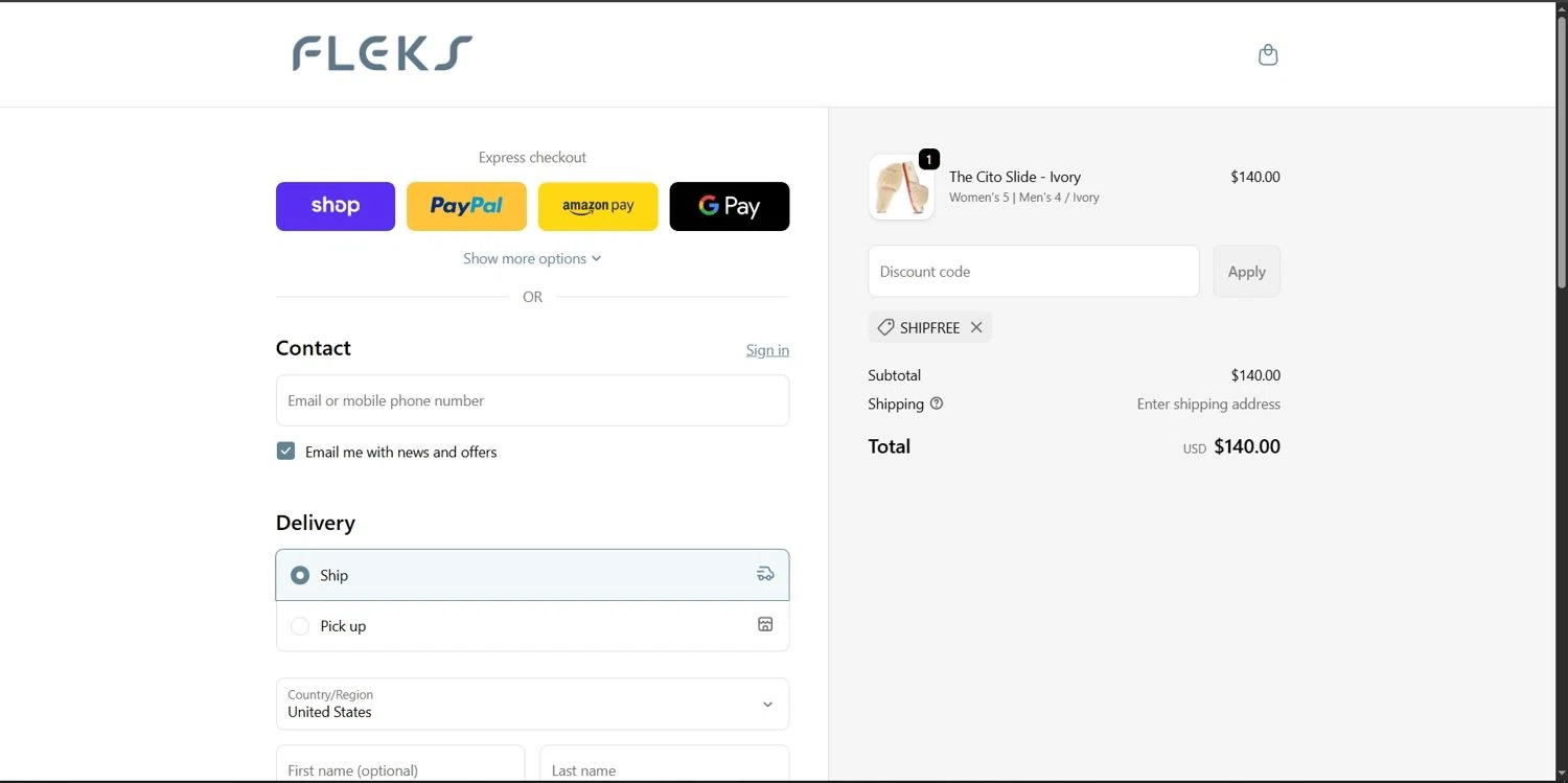 Fleks Footwear promo code screenshot showing code SHIPFREE applied at Fleks Footwear checkout page. Uploaded by SimplyCodes community member Depressive on Nov 1, 2025