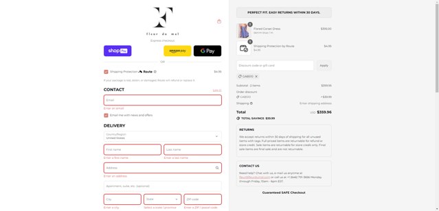 Fleur du Mal checkout page showing Fleur du Mal discount code box | Screenshot taken by SimplyCodes community member on Aug 4, 2025