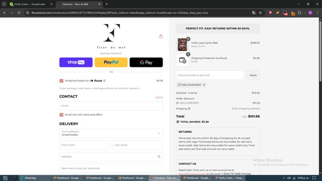 Fleur du Mal checkout page showing Fleur du Mal discount code box | Screenshot taken by SimplyCodes community member on Aug 26, 2025