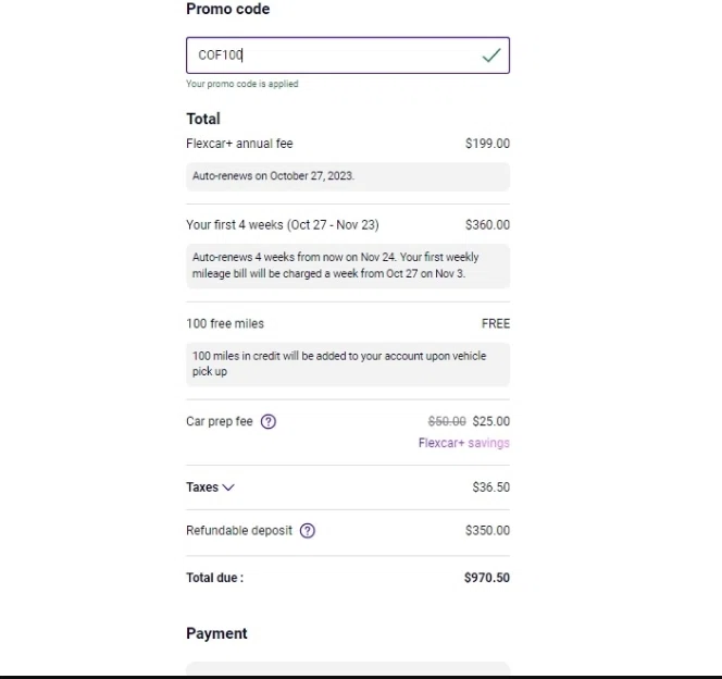 Flexcar checkout page showing Flexcar promo code box | Screenshot taken by SimplyCodes community member on Nov 23, 2022