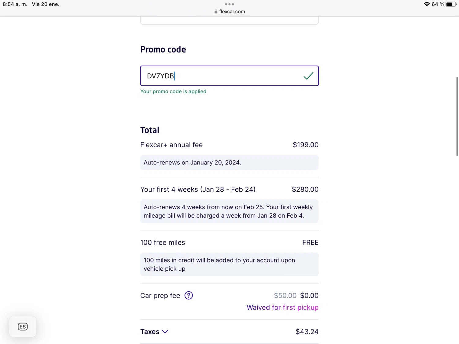 Flexcar checkout page showing Flexcar promo code box | Screenshot taken by SimplyCodes community member on Jan 20, 2023