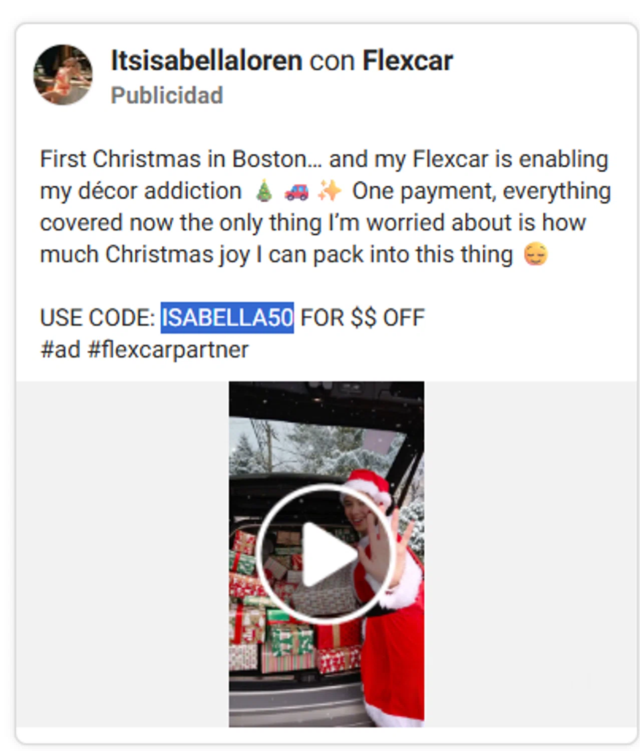 Flexcar promo code screenshot showing code ISABELLA50 applied at Flexcar checkout page. Uploaded by SimplyCodes community member antonietarodriguez96 on Dec 23, 2025