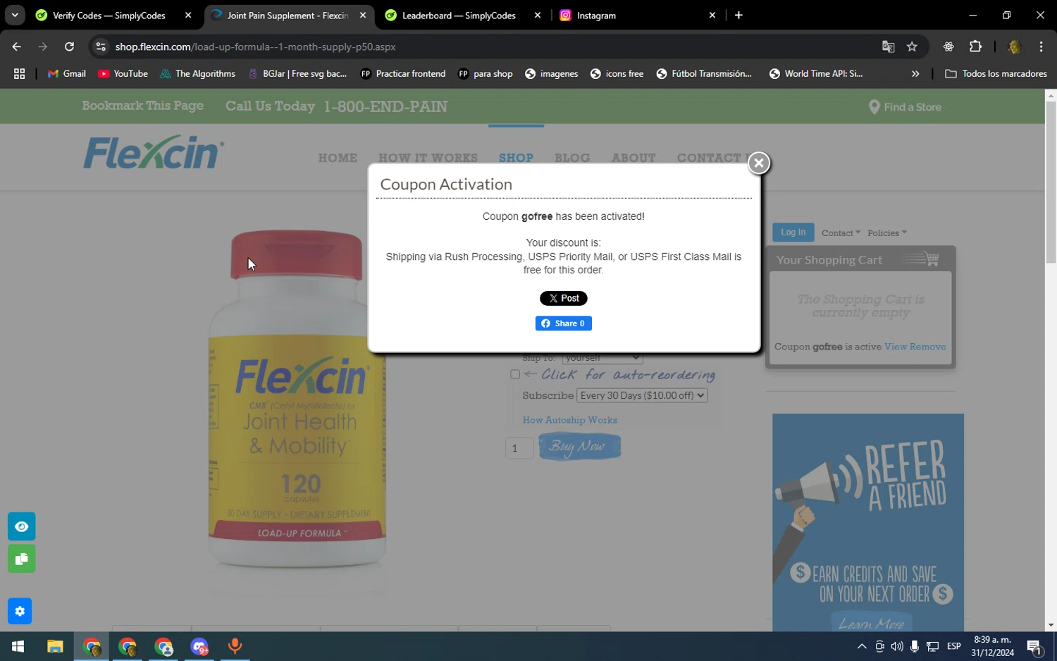 Flexcin checkout page showing Flexcin coupon code box | Screenshot taken by SimplyCodes community member on Dec 31, 2024