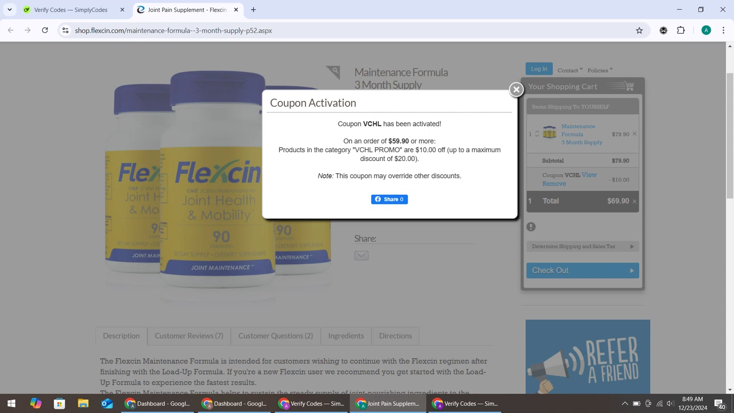 Flexcin checkout page showing Flexcin coupon code box | Screenshot taken by SimplyCodes community member on Dec 23, 2024