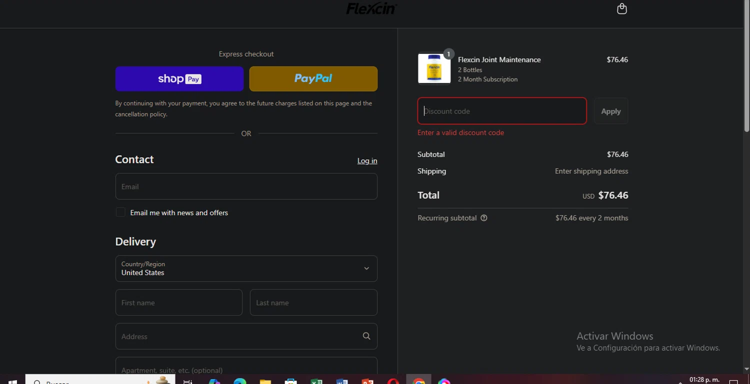 Flexcin coupon code screenshot showing code TRYNOW applied at Flexcin checkout page. Uploaded by SimplyCodes community member Pollofrito on Jul 24, 2025