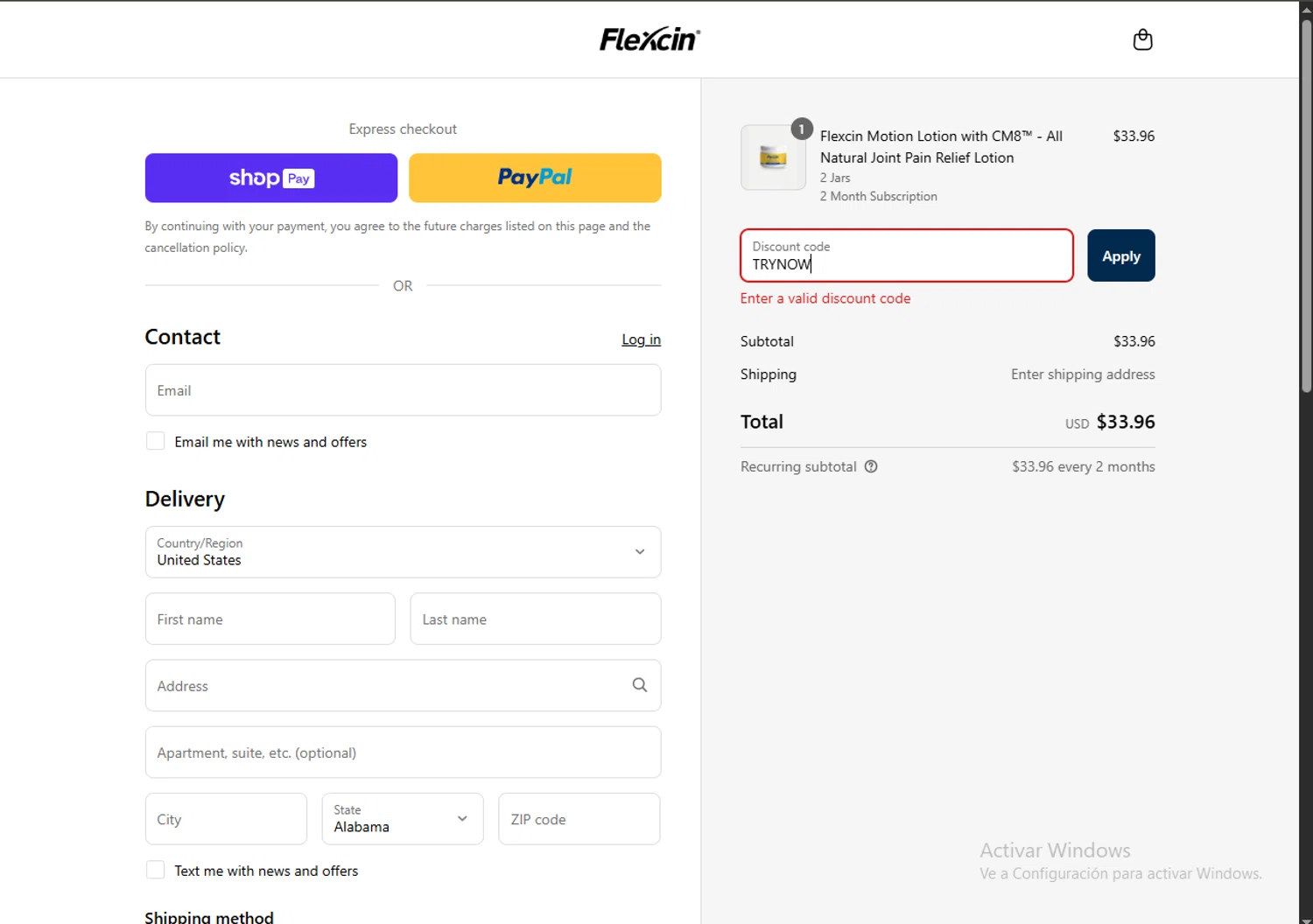Flexcin coupon code screenshot showing code TRYNOW applied at Flexcin checkout page. Uploaded by SimplyCodes community member RewardPhoenix3732 on Jul 24, 2025