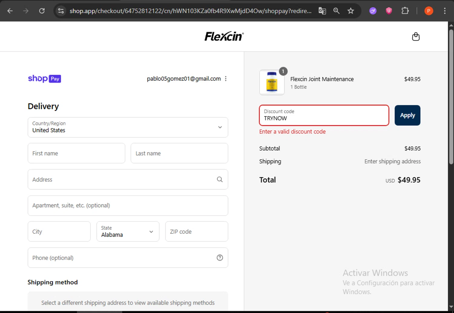Flexcin coupon code screenshot showing code TRYNOW applied at Flexcin checkout page. Uploaded by SimplyCodes community member WonderDefender6772 on Jul 24, 2025