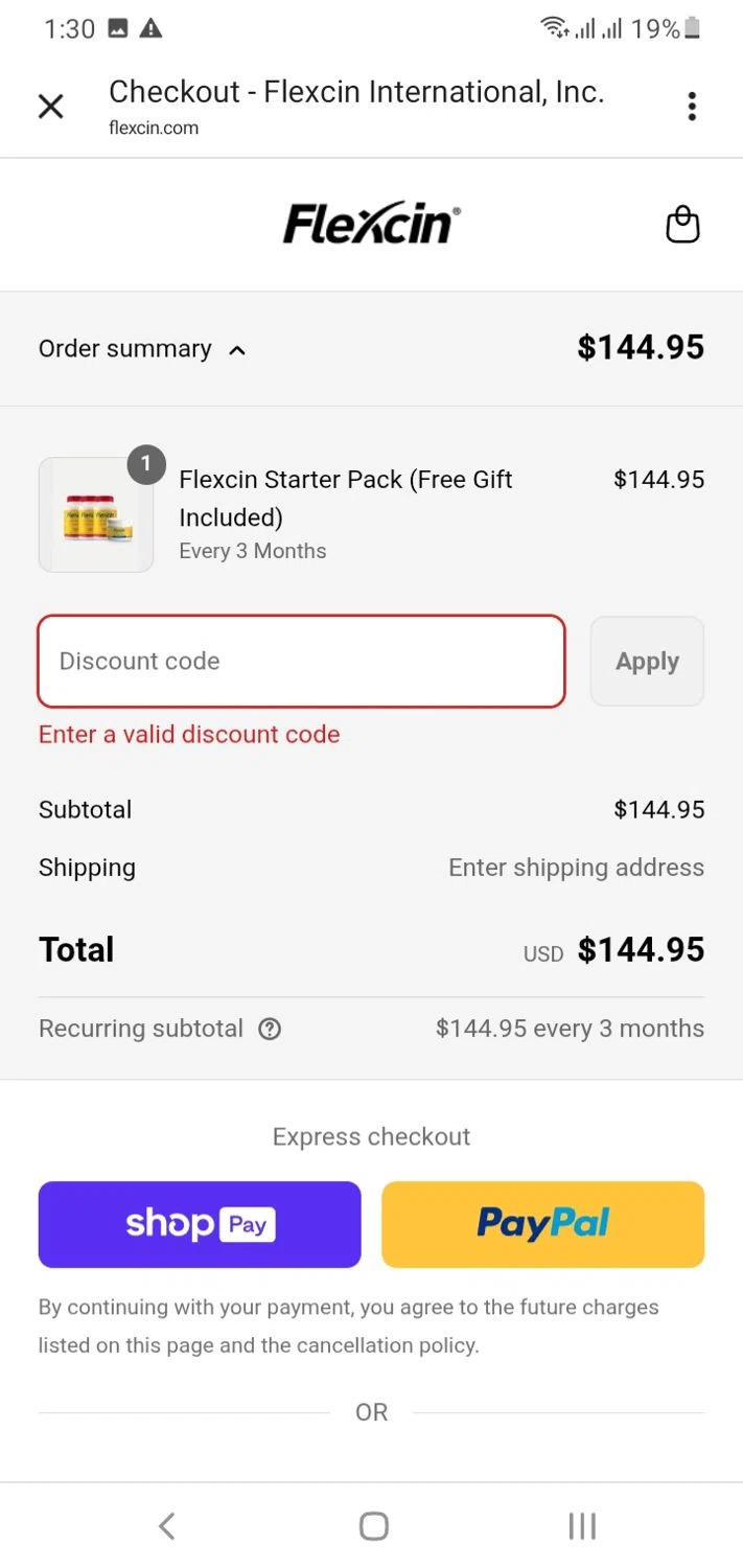 Flexcin coupon code screenshot showing code ACTNOW applied at Flexcin checkout page. Uploaded by SimplyCodes community member Menotii23 on Jul 24, 2025