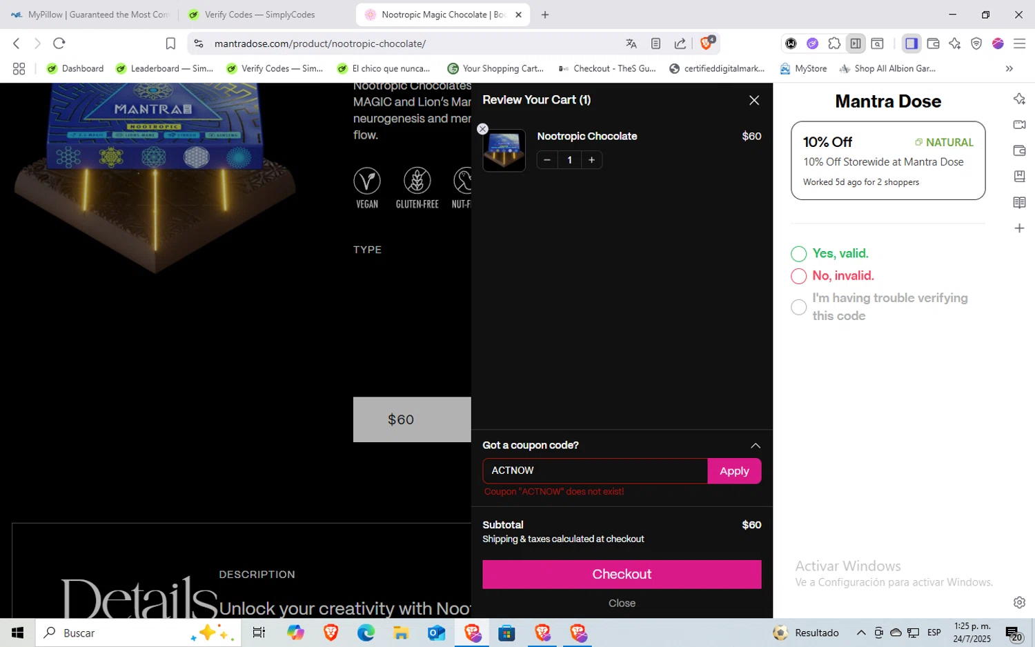 Flexcin coupon code screenshot showing code ACTNOW applied at Flexcin checkout page. Uploaded by SimplyCodes community member Rayyyyyy on Jul 24, 2025